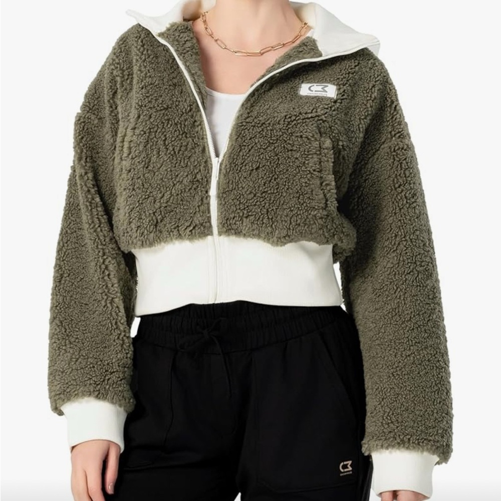 Full Zip Fleece Short Jacket Women’s Stand Collar Fuzzy Coat Size Medium Green